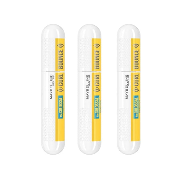 Three Maybelline Volum Express Colossal Curl Bounce Waterproof Curling Mascaras in Brownish Black stand upright, highlighting their volumizing and long-lasting curling power.